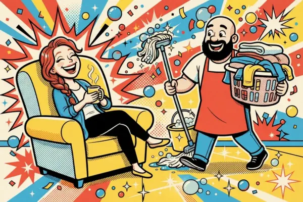 Ilustración de cómic de una mujer pelirroja sentada en un sillón amarillo con una taza humeante, sonriendo, mientras un hombre con barba y delantal pasa la fregona y lleva un cesto de ropa.