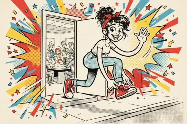 Девушка выбегает через дверь из переговорной комнаты с растерянными людьми, завязывая шнурки, на фоне яркой вспышки в стиле поп-арт