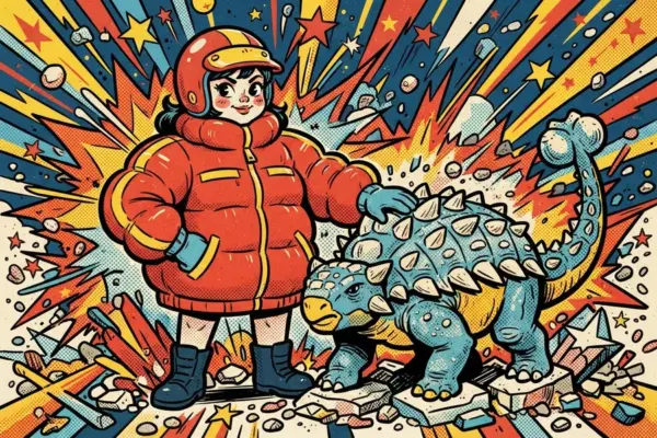 Ilustración de una chica con abrigo y casco acariciando a un anquilosaurio blindado.