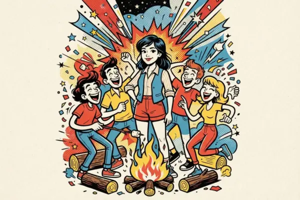 Ilustración de una chica en el centro de un grupo sonriente junto a una fogata, celebrando con los brazos en alto.