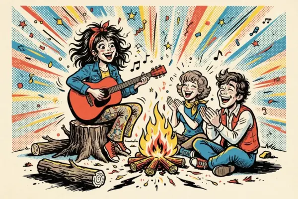 Ilustración de una chica tocando la guitarra y cantando junto a una fogata, con dos amigos aplaudiendo.
