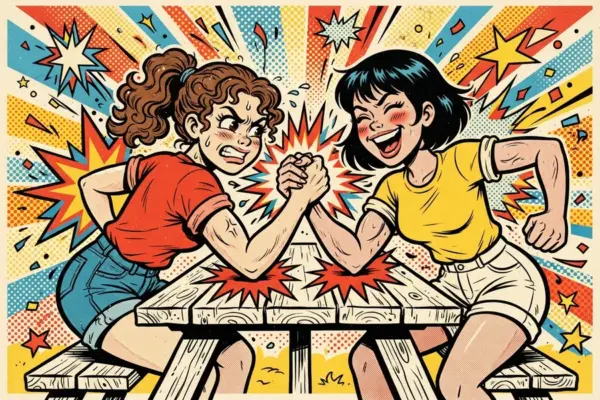 Ilustración de dos chicas haciendo pulso sobre una mesa de picnic, con gesto de esfuerzo y competencia.