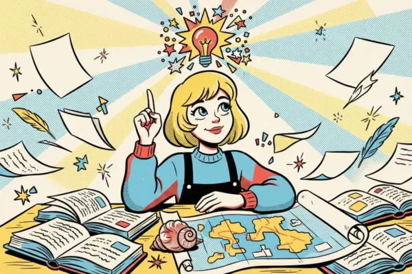 Illustration of a young person with a lightbulb overhead, surrounded by books, maps, and flying papers.