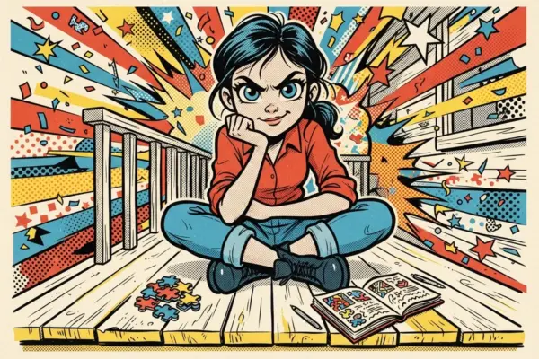 Ilustración de una chica sentada con las piernas cruzadas en un porche, pensativa, con piezas de rompecabezas y un cuaderno cerca.