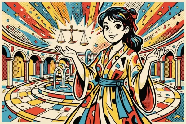 An illustrated girl in a colorful robe balances a small scale above her open palms in a grand courtyard.
