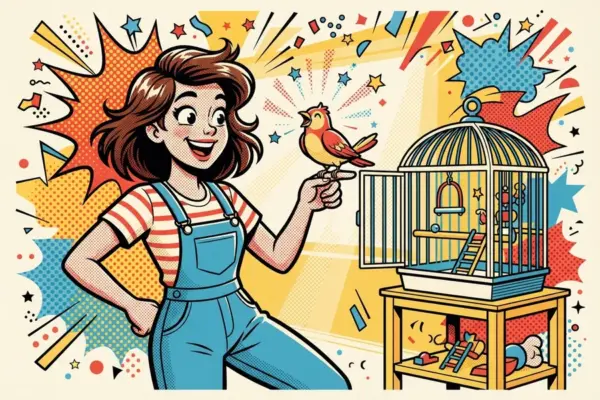 Ilustración de una mujer con un ave posada en el dedo junto a su jaula.