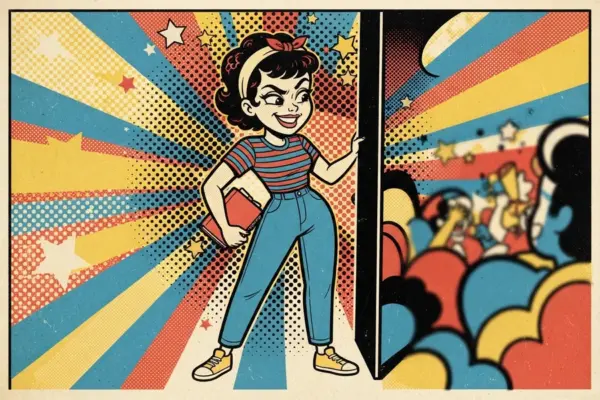 Illustration of a confident young woman holding a book and smirking as she opens a door toward a party.