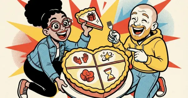 Comic-style illustration of two laughing friends sharing a heart-shaped pie cut into four slices marked with hands, a star, a hug and an hourglass, one of them holding up a slice with a small wrapped box.