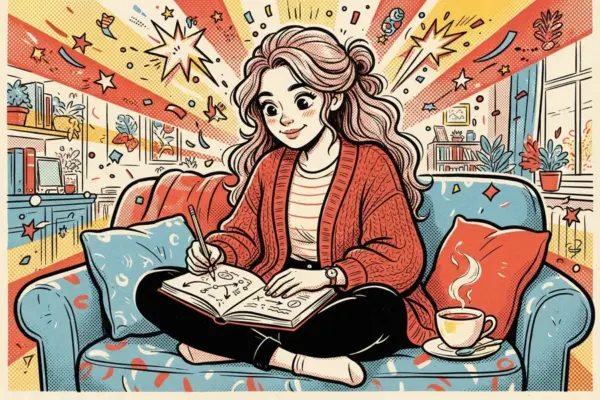 Una persona sentada en un sofá escribe en un cuaderno rodeada de estrellas y destellos de color, con una taza al lado.
