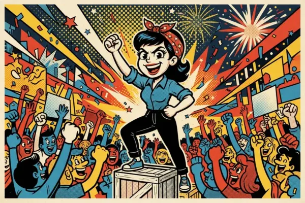 Ilustración pop art de una mujer con el puño en alto sobre un cajón, rodeada de una multitud animada y fuegos artificiales.