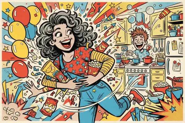 Ilustración de una joven sonriente con globos y bolsas de snacks, bailando en una cocina decorada para una fiesta.