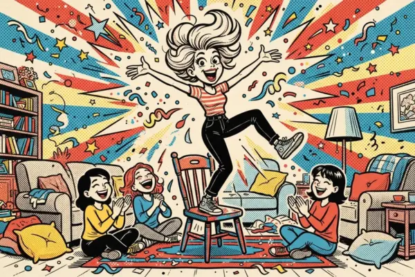 Ilustración de una joven de pie sobre una silla con los brazos abiertos mientras otras personas aplauden a su alrededor.