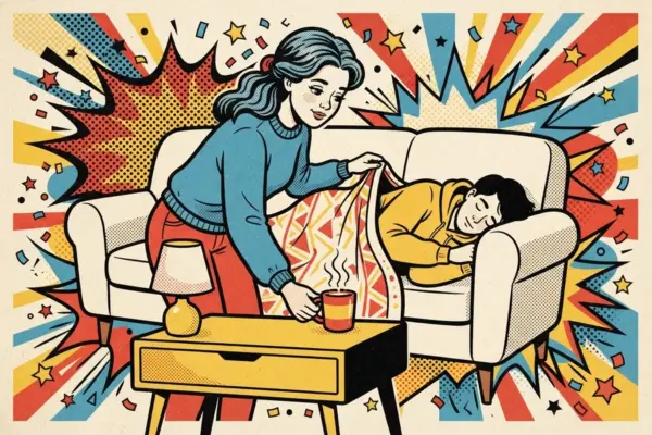 Illustration of a person tucking a blanket over someone asleep on the couch and setting down a hot drink.