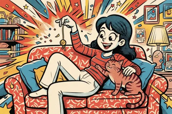 Ilustración de una chica en el sofá jugando con un gato usando un juguete colgante.