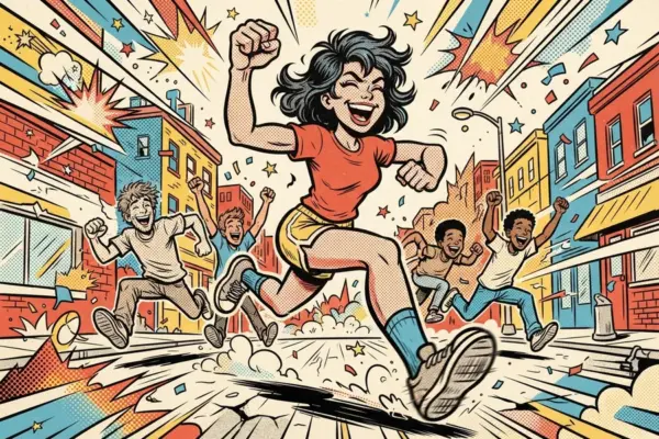 Comic-style illustration of a girl sprinting down a street with a fist raised while friends cheer behind her.