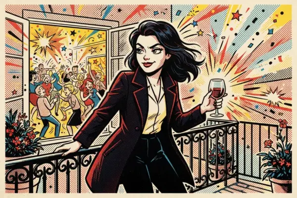 Illustration of a poised young woman on a balcony holding a wine glass, a party visible through the window behind her.