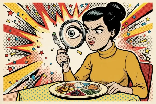 Retro comic illustration of a diner scrutinizing a bite of food through a magnifying glass over a plate divided into separate sections.