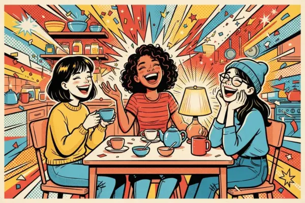 Una chica se ríe en una mesa de cocina pequeña con dos amigas cercanas, con una lámpara cálida y el resto de la casa en silencio.