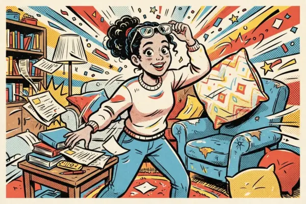 Ilustración de cómic pop de una mujer entre papeles que vuelan por el aire, con las gafas puestas sobre la cabeza mientras busca algo entre libros y hojas revueltas.