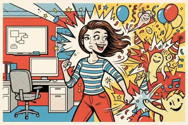 Comic style illustration of a woman striking a triumphant pose in an office with a whiteboard, with confetti bursting beside her.