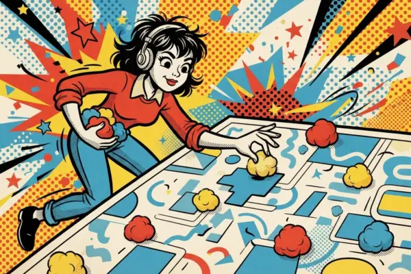 Comic-style illustration of a person leaning over a large map, arranging colorful pieces across the layout.