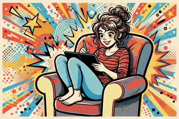 Illustration of a woman curled up barefoot in an armchair, drawing on a tablet-style device with a stylus.