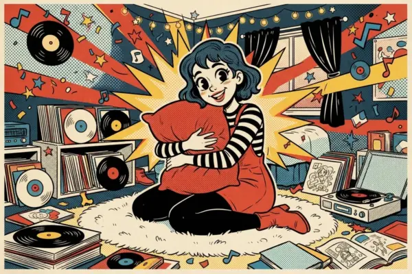 Иллюстрация: человек сидит на полу, обнимая подушку, среди виниловых пластинок и проигрывателя.