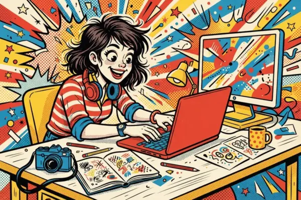 Illustration of a woman at a desk with a laptop and a monitor showing colorful artwork, surrounded by a sketchbook and a camera.