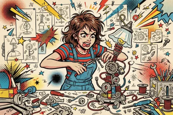 Illustration of a person building a mechanical lamp at a cluttered workbench surrounded by sketches.
