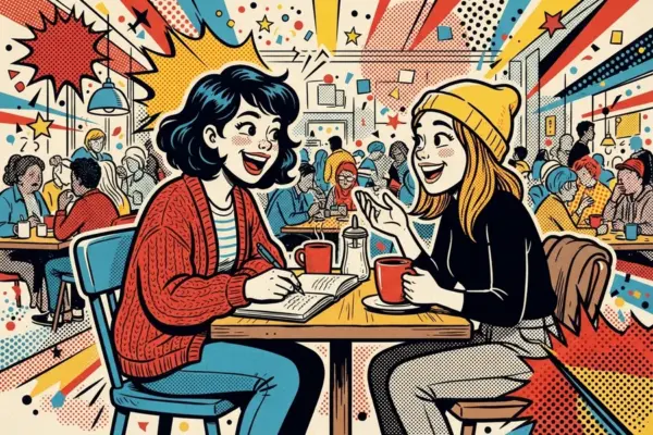 Illustration of two people talking earnestly over coffee and a notebook in a busy cafe.