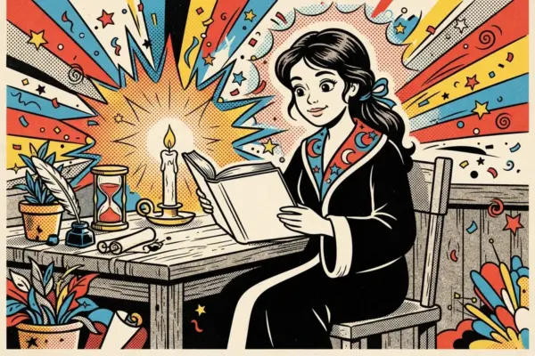 An illustrated girl in a dark robe reads a book by candlelight at a wooden desk.