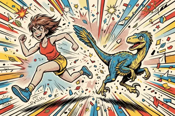Ilustración de una chica corriendo a toda velocidad junto a un dinosaurio raptor emplumado.