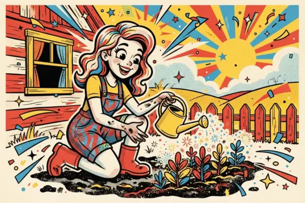 Ilustración de una chica arrodillada regando plantas jóvenes en un huerto junto a una cabaña de madera.