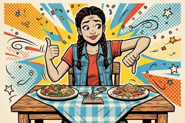 Retro comic illustration of a diner giving a thumbs up to one plate and a thumbs down to another, with a small scale set between them.