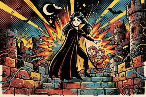 Ilustración de una figura con capa oscura sobre una muralla nocturna, protegiendo a dos niños entre torres y murciélagos.