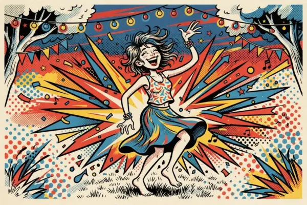 Ilustración de una chica bailando descalza bajo luces de feria, rodeada de confeti.