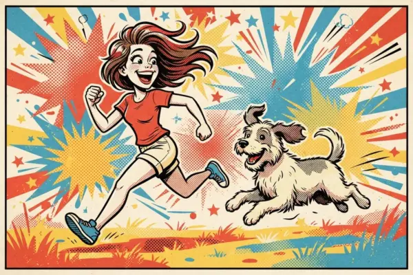 Ilustración de una chica corriendo al aire libre junto a un perro a toda velocidad.