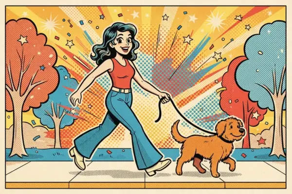 Ilustración de una mujer paseando a un perro con correa por una calle arbolada.