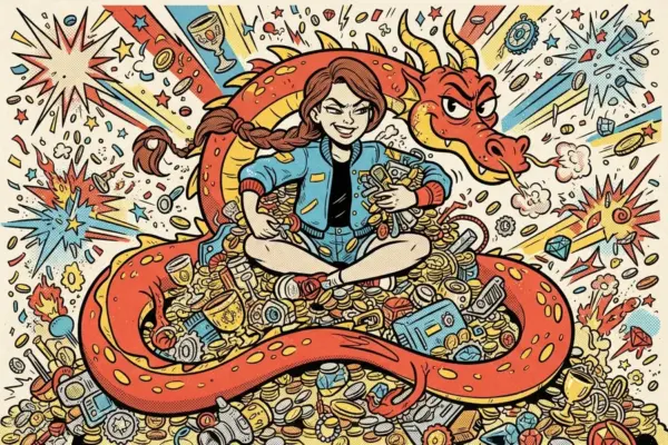 Ilustración pop-art de una chica sonriente sentada sobre un montón de monedas y tesoros, envuelta por el cuerpo de un gran dragón rojo que asoma detrás de ella.