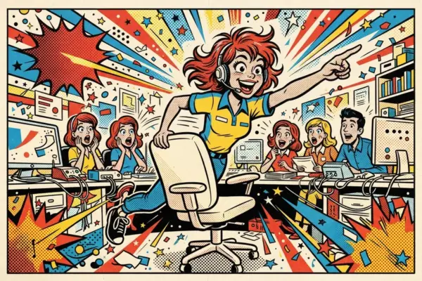Comic-style illustration of a person leaping over an office chair with an arm outstretched while coworkers react with surprise.