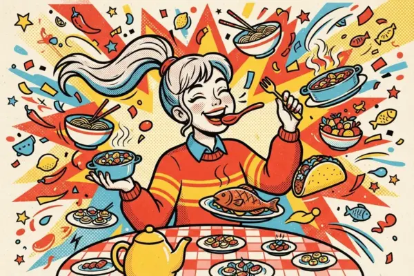 Retro comic illustration of a delighted diner eating happily surrounded by a colorful burst of many different foods.