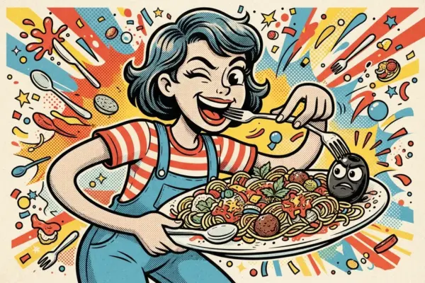 Retro comic illustration of a laughing diner digging into a big plate of pasta, pulling one grumpy-looking item aside with her fork.