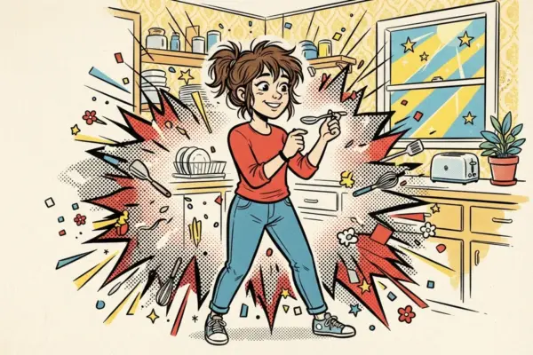 Иллюстрация: человек с ложкой в руке готовит на кухне среди ярких вспышек фонового рисунка.