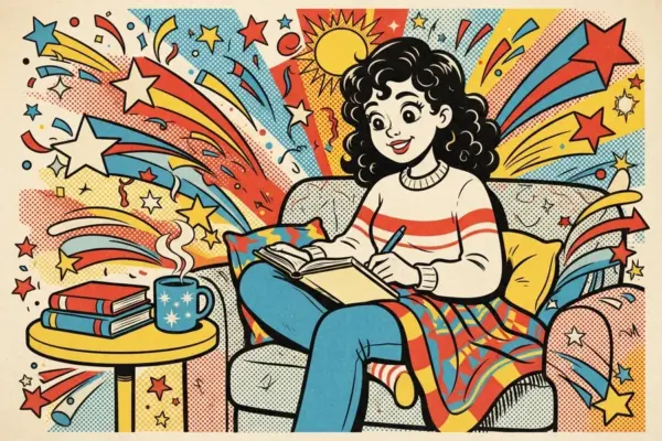 Иллюстрация: девушка сидит в кресле с пледом и книгами, рядом чашка на столике.