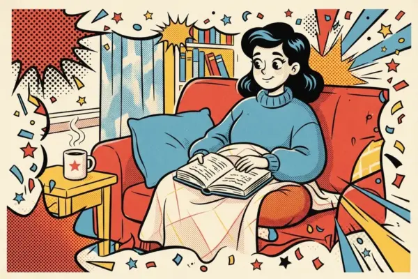Женщина читает книгу в кресле, укрывшись пледом, с чашкой чая рядом.