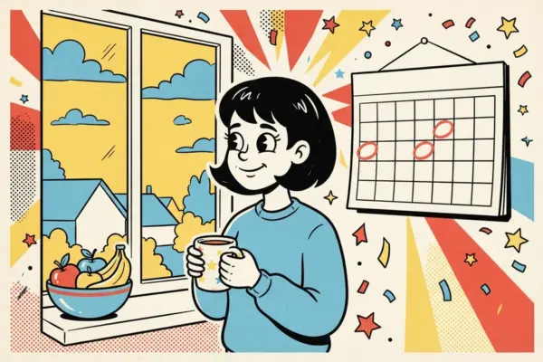 Una persona sostiene una taza junto a una ventana, mirando un calendario con varias fechas marcadas.