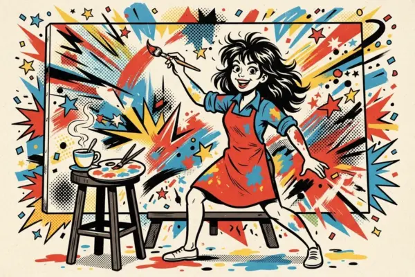 Comic-style illustration of a woman painting intently at an easel with a coffee cup nearby.