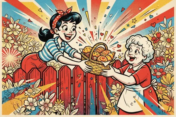 Comic-style illustration of a woman handing a basket of baked goods over a fence to an older woman.