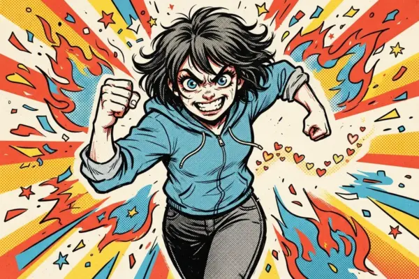 Comic-style illustration of an angry young person with clenched fists, surrounded by flames and small hearts.