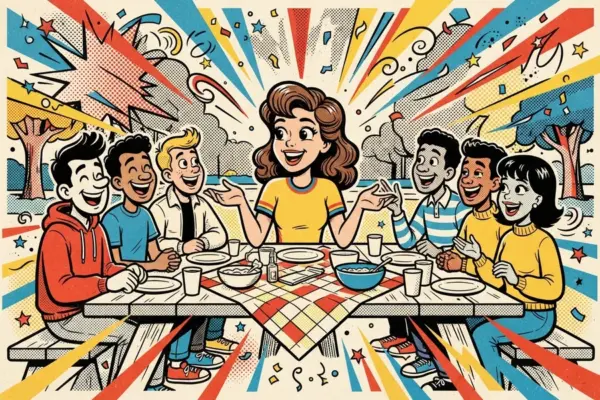 Una chica está sentada en el centro de una mesa larga de picnic, conversando por igual con dos grupos de personas a cada lado.